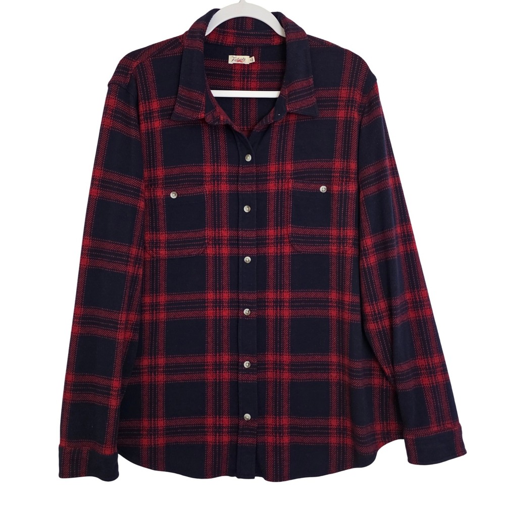Faherty Womens Legend Sweater Shirt Navy Red Plaid Knit Flannel XL Long Sleeve